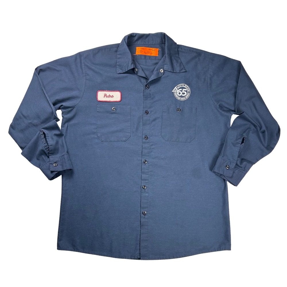 CornerStone Mens Navy Blue Work Shirt Long Sleeve "Pedro" Littleton Patch Large